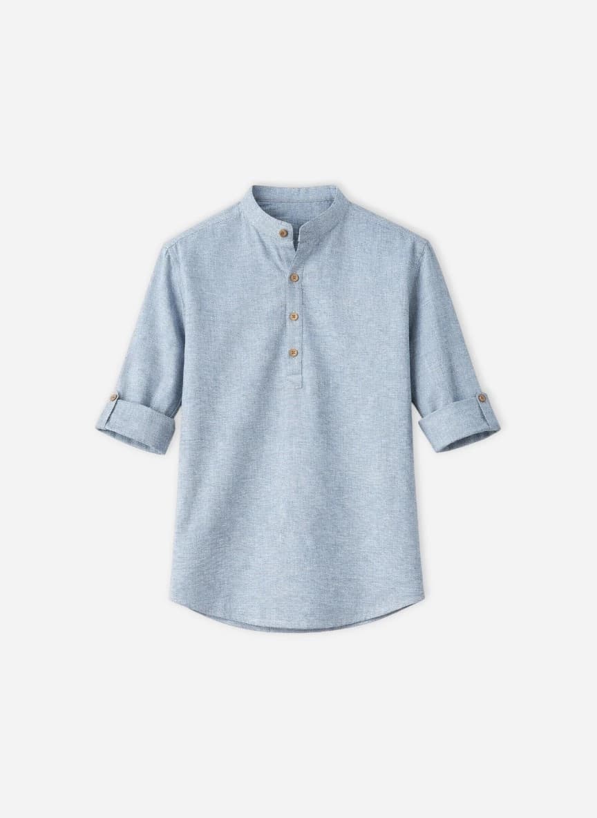 Here & Now Band Collar Cuffed Sleeves Straight Short Kurta