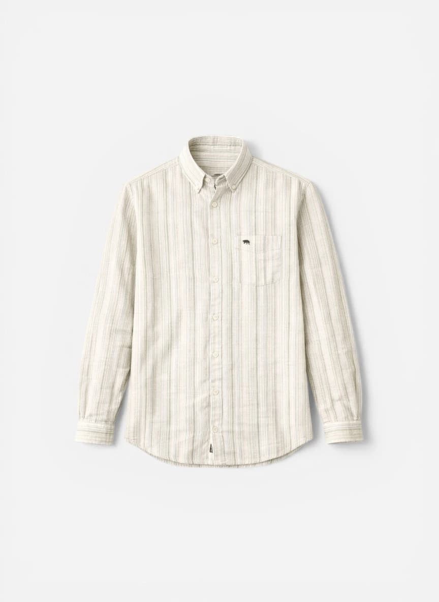 The Bear House Men Cotton Linen Button-Down Collar Slim Fit Striped Casual Shirt