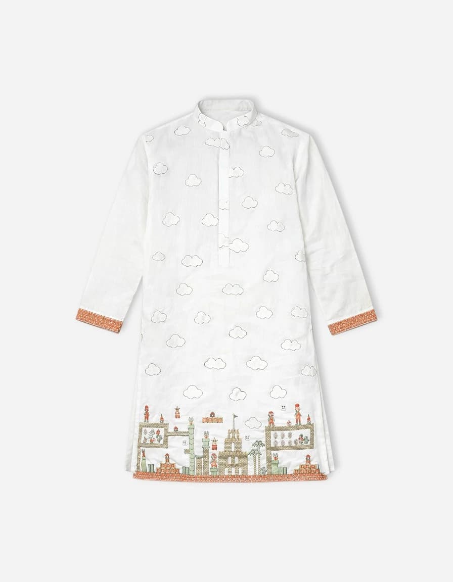 Jompers Jompers Men Embroidered Pure Cotton Straight Kurta (White)