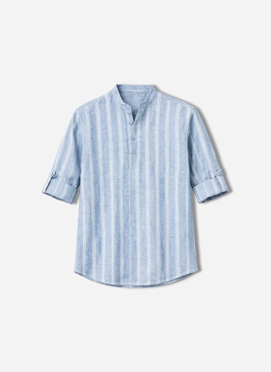 Here & Now Blue & White Striped Printed Mandarin Collar Cotton Straight Short Kurta